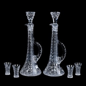 Double Decanter Set, American Brilliant Cut Glass, Corona Pattern By Pairpoint, Rare Thin Neck Form