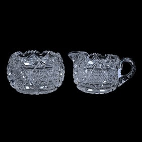 Creamer And Sugar Set, American Brilliant Cut Glass, Signed Egginton