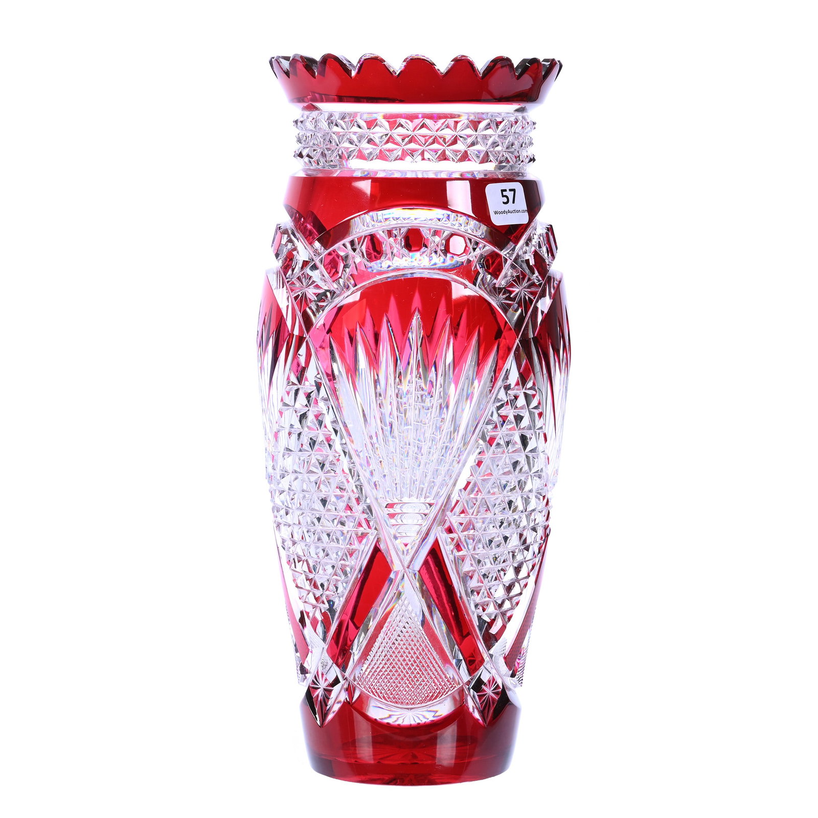Vase, Brilliant Period Cut Glass, Red Cut To Clear: Vase, Brilliant Period Cut Glass, Red Cut To Clear, 12" x 5", Andover Pattern By Val St. Lambert, Circa 1900, Ray Cut Base, Private Collection.