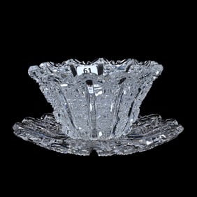 Mayonnaise Bowl With Underplate, American Brilliant Cut Glass, Signed Hawkes Rare Panel Pattern