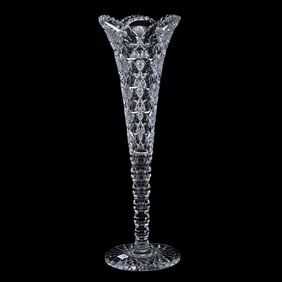 Trumpet Vase, American Brilliant Cut Glass, Signed Hawkes Queens Pattern