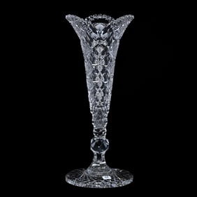 Trumpet Vase, American Brilliant Cut Glass, Signed Hawkes Queens Pattern