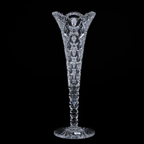 Trumpet Vase, American Brilliant Cut Glass, Signed Hawkes Queens Pattern