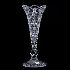 Trumpet Vase, American Brilliant Cut Glass, Signed Hawkes Queens Pattern