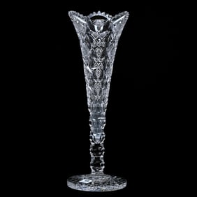 Trumpet Vase, American Brilliant Cut Glass, Signed Hawkes Queens Pattern