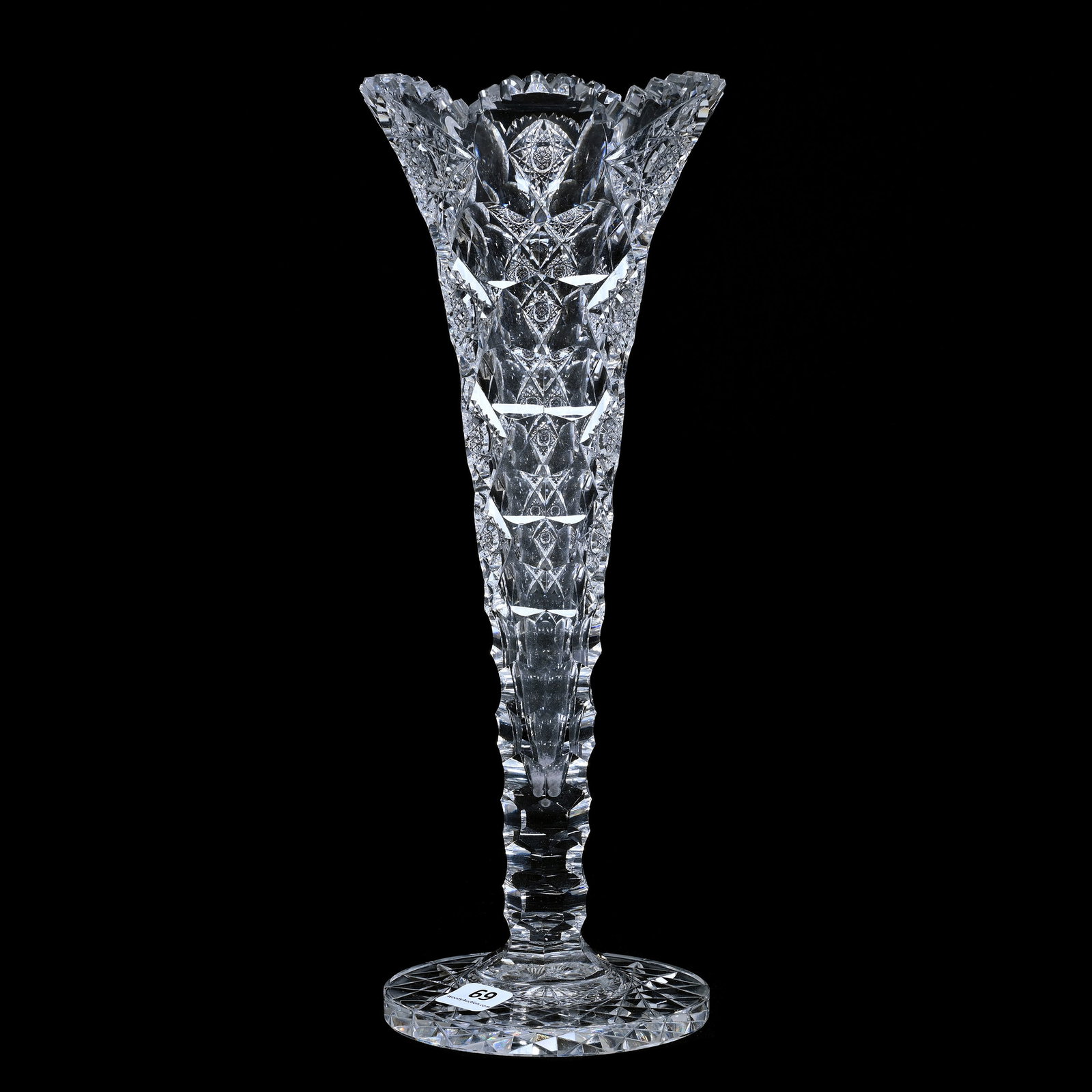 Trumpet Vase, American Brilliant Cut Glass, Signed Hawkes Queens Pattern: Trumpet Vase, American Brilliant Cut Glass, Signed Hawkes Queens Pattern, 12.25" x 4.75", Facet Cut Straight Stem, Hobstar Foot, Tooth Chip, Estate Of Paul Pellet, Texas.