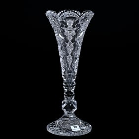 Trumpet Vase, American Brilliant Cut Glass, Signed Hawkes Queens Pattern