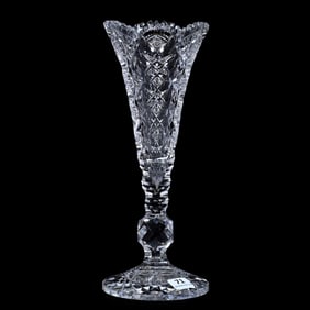 Trumpet Vase, American Brilliant Cut Glass, Signed Hawkes Queens Pattern