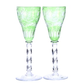 Pair Toasting Goblets, Brilliant Period Cut Glass, Green Cut To Clear
