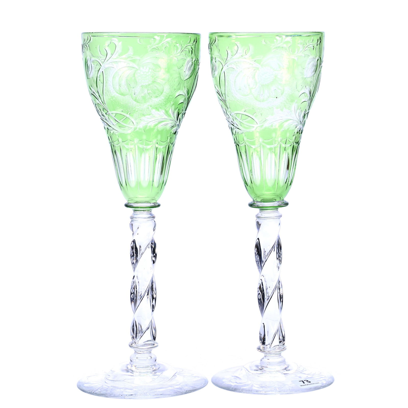 Pair Toasting Goblets, Brilliant Period Cut Glass, Green Cut To Clear (1 of 3)