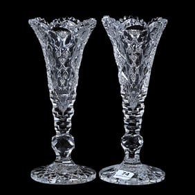 Pair Trumpet Vases, American Brilliant Cut Glass, Signed Hawkes Queens Pattern