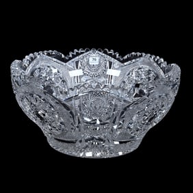 Punch Bowl, One Piece, American Brilliant Cut Glass, Signed Clark Waldorf Pattern