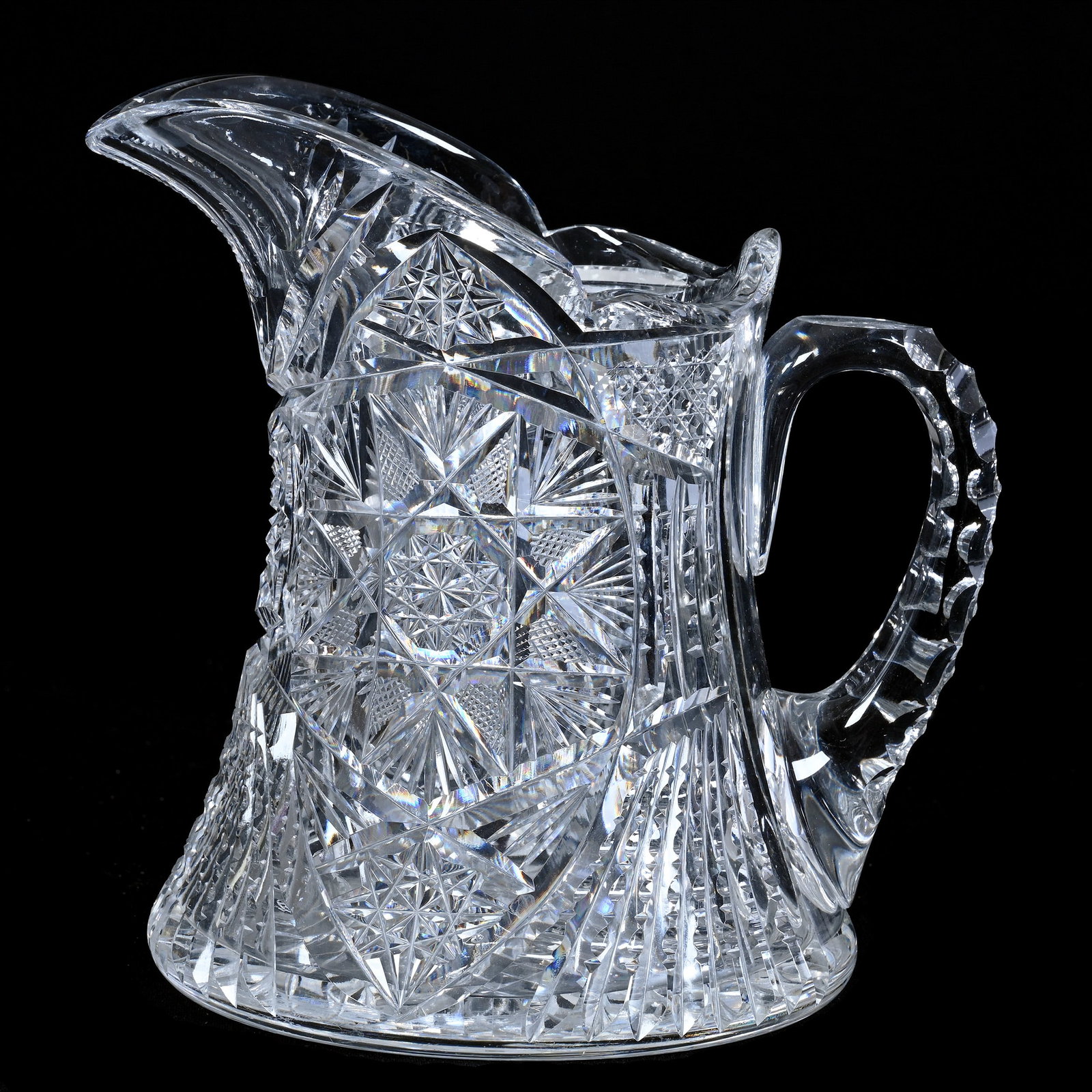 Pitcher, American Brilliant Cut Glass, Flashed Hobstar, Vesica, Prism And Fan Motif: Pitcher, American Brilliant Cut Glass, Flashed Hobstar, Vesica, Prism And Fan Motif, 8" x 8.25", Triple Notched Handle, Hobstar Base, Estate Of Paul Pellet, Texas.