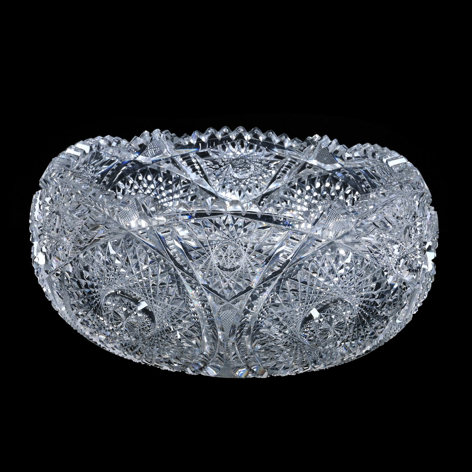 Bowl, Rolled Rim, American Brilliant Cut Glass, Mistletoe Pattern By Pairpoint: Bowl, Rolled Rim, American Brilliant Cut Glass, Mistletoe Pattern By Pairpoint, 4.25" x 8.5", Pattern Chip, Estate Of Paul Pellet, Texas.