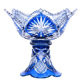 Punch Bowl, Two Part, Brilliant Period Cut Glass, Blue Cut To Clear