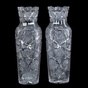 Magnificent Pair Of Vases, American Brilliant Cut Glass, Pattern Strongly Resembles Corona By