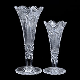 (2) Trumpet Vases, American Brilliant Cut Glass, Exact Pattern Matched