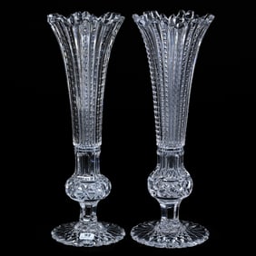 Pair Trumpet Vases, American Brilliant Cut Glass, Prism Cut Body With Bulging Diamond Cut Stem