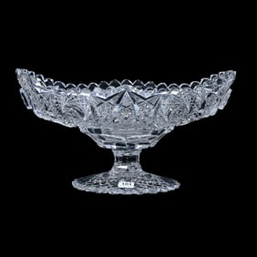 Footed Oval Bowl, American Brilliant Cut Glass, Signed Libbey Pattern #202