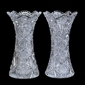 Pair Corset Vases, American Brilliant Cut Glass, Signed Hawkes Lorraine Pattern