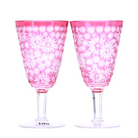 Pair Wine Stems, Brilliant Period Cut Glass, Cranberry Cut To Clear