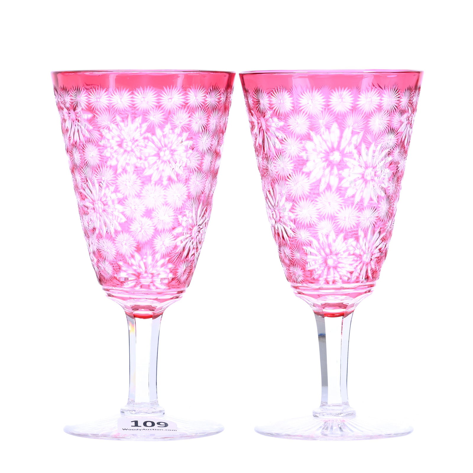 Pair Wine Stems, Brilliant Period Cut Glass, Cranberry Cut To Clear: Pair Wine Stems, Brilliant Period Cut Glass, Cranberry Cut To Clear, 5.25" x 2.75", Fully Engraved Floral Blossom Decor, Attributed To Webb, Ray Cut Foot, California Private Collection.