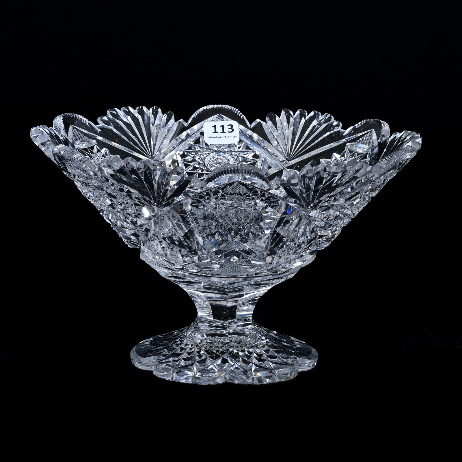 Tazza, American Brilliant Cut Glass: Tazza, American Brilliant Cut Glass, 5.5" x 9.25", Hobstar, Prism, Strawberry Diamond, Star And Fan Motif, Scalloped Hobstar Foot, Extra Clear Blank, Estate Of Paul Pellet, Texas.