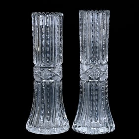 Pair Vases, American Brilliant Cut Glass, Prism Cut With Hobstar & Strawberry Diamond Band