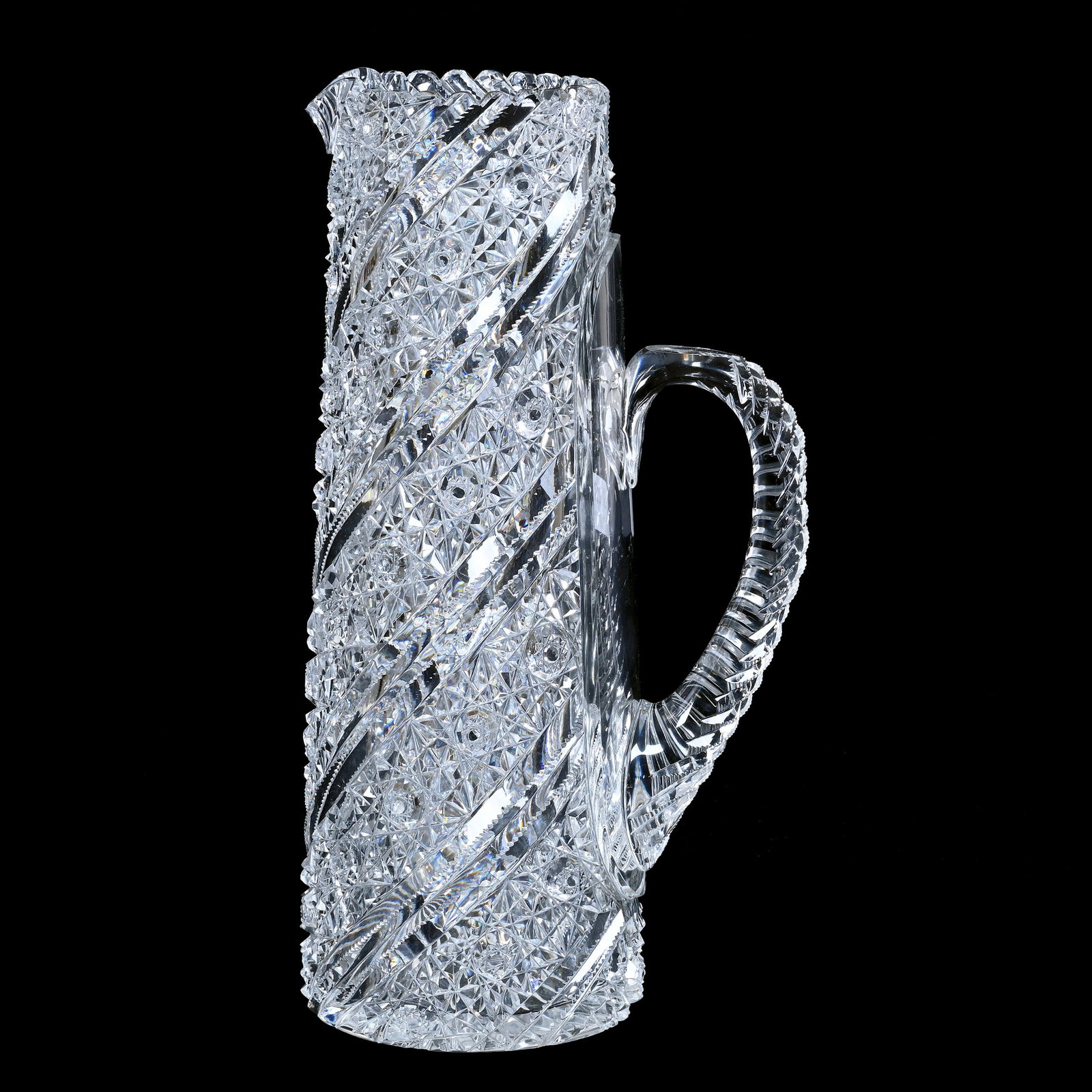 Tankard, American Brilliant Cut Glass, Russian And Swirl Pattern: Tankard, American Brilliant Cut Glass, Russian And Swirl Pattern, 11" x 6", Unique Slanted Prism Cut Handle, Ray Cut Base, Fantastic Blank, Estate Of Paul Pellet, Texas.