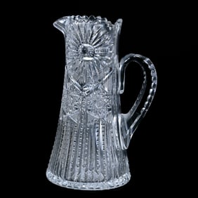Pitcher, American Brilliant Cut Glass, Sunburst, Hobstar, Strawberry Diamond And Prism Motif