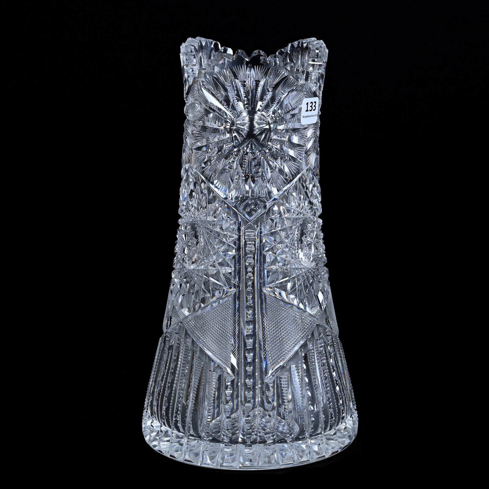 Vase, American Brilliant Cut Glass, Sunburst, Hobstar, Strawberry Diamond And Prism Motif: Vase, American Brilliant Cut Glass, Sunburst, Hobstar, Strawberry Diamond And Prism Motif, 11" x 6", Hobstar Base, Pattern Match To Lot #132, Estate Of Paul Pellet, Texas.