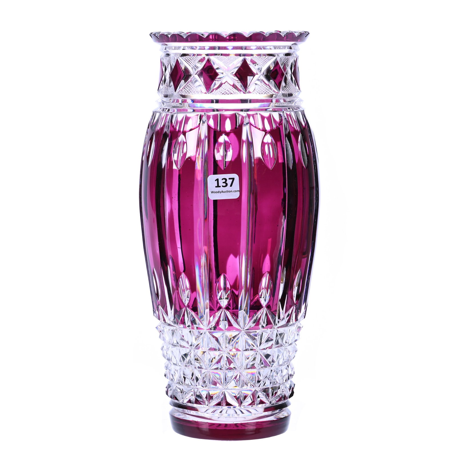 Vase, Brilliant Period Cut Glass, Amethyst Cut To Clear: Vase, Brilliant Period Cut Glass, Amethyst Cut To Clear, 11.75" x 5", Salem Pattern By Val St. Lambert, Circa 1910, Ray Cut Base, Private Collection.