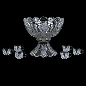 Punch Set, American Brilliant Cut Glass, Signed Hawkes Teutonic Pattern