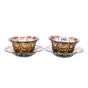 Pair Ramekins With Underplates, Brilliant Period Cut Glass Amethyst Over Yellow
