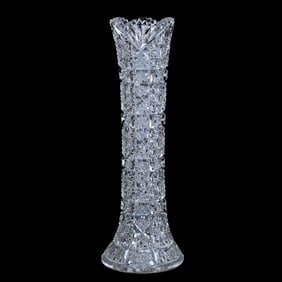 Vase, American Brilliant Cut Glass, Fully Cut Square Columns Of Hobstar, Cane And Fan Motif