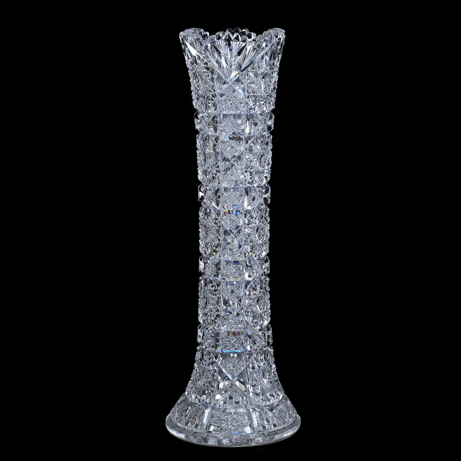 Vase, American Brilliant Cut Glass, Fully Cut Square Columns Of Hobstar, Cane And Fan Motif (1 of 3)