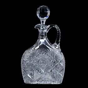 Handled Decanter, Flat Sides, American Brilliant Cut Glass, Hobstar, Strawberry Diamond, Fan & Prism