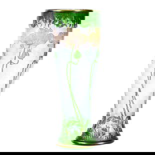 Vase, Brilliant Period Art Glass Signed Honesdale By Dorflinger: Vase, Brilliant Period Art Glass Signed Honesdale By Dorflinger, 10.5" x 3.75", Two Color Green And Gold, Poppy Decor, Gold Stencil Highlights, California Private Collection.