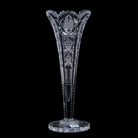 Trumpet Vase, American Brilliant Cut Glass, Signed Hawkes Teutonic Pattern