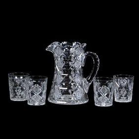 Water Set, American Brilliant Cut Glass, Signed Hawkes Queens Pattern