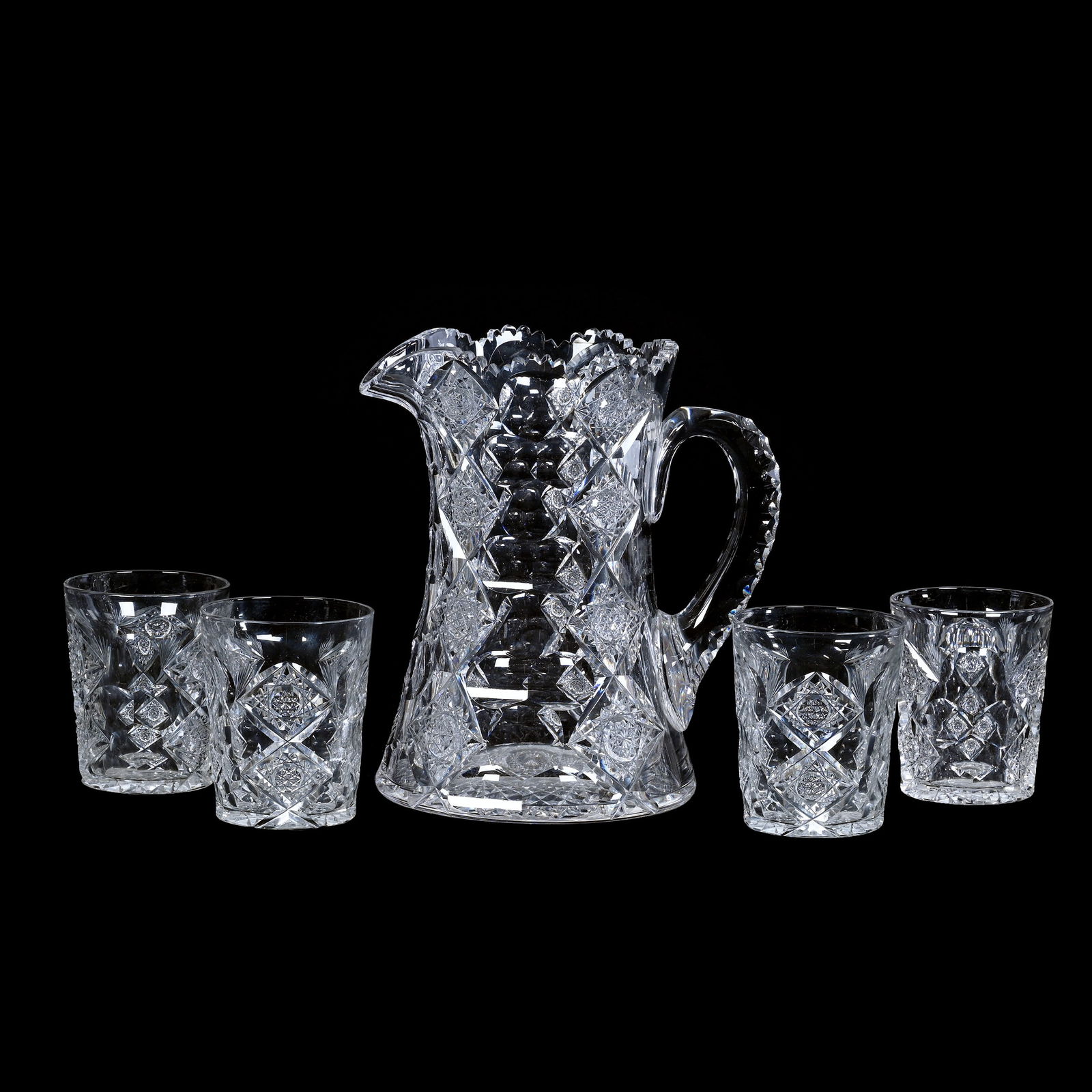 Water Set, American Brilliant Cut Glass, Signed Hawkes Queens Pattern (1 of 3)