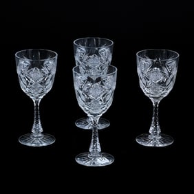 (4) Goblets, American Brilliant Cut Glass, Signed Hawkes Queens Pattern