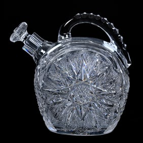 Rum Jug, American Brilliant Cut Glass, Large Flashed Hobstar With Hobstars, Strawberry Diamond And