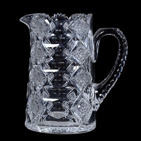 Water Pitcher, American Brilliant Cut Glass, Signed Hawkes Queens Pattern