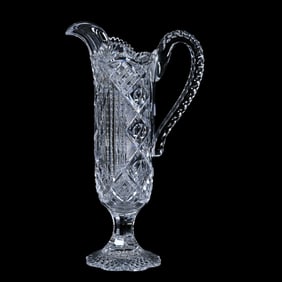 Pedestal Pitcher, American Brilliant Cut Glass, Well Cut Prism, Crosshatch, Strawberry Diamond,