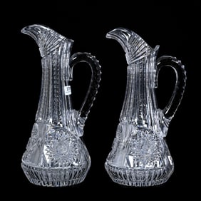 Pair Pitchers, American Brilliant Cut Glass, Hobstar, File And Prism Motif