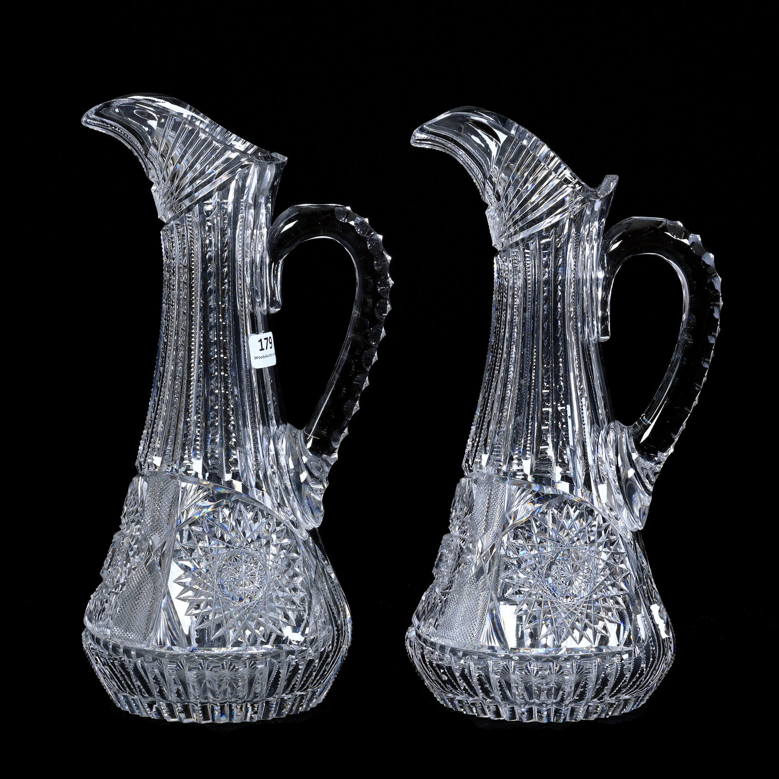 Pair Pitchers, American Brilliant Cut Glass, Hobstar, File And Prism Motif: Pair Pitchers, American Brilliant Cut Glass, Hobstar, File And Prism Motif, 12.5" x 6.25", Triple Notched Handles, Hobstar Base, Nice Pair, Estate Of Paul Pellet, Texas.