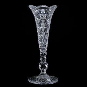 Trumpet Vase, American Brilliant Cut Glass, Signed Hawkes Queens Pattern
