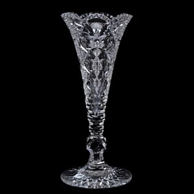 Trumpet Vase, American Brilliant Cut Glass, Signed Hawkes Queens Pattern