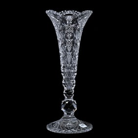 Trumpet Vase, American Brilliant Cut Glass, Signed Hawkes Queens Pattern